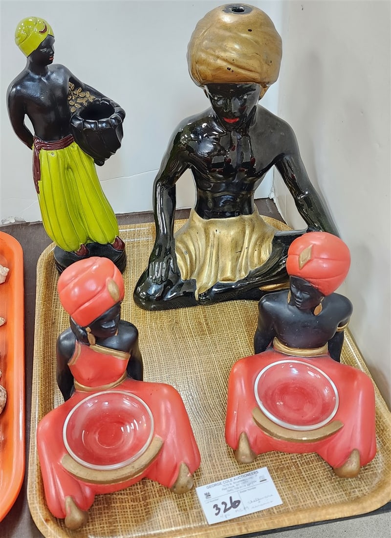 Tray 3 MCM Chalkware Blackmoor Figurines 12 1/2" + Pr. 7 1/2" H X 6" W + Ceramic Seated Figure (1 of 1)