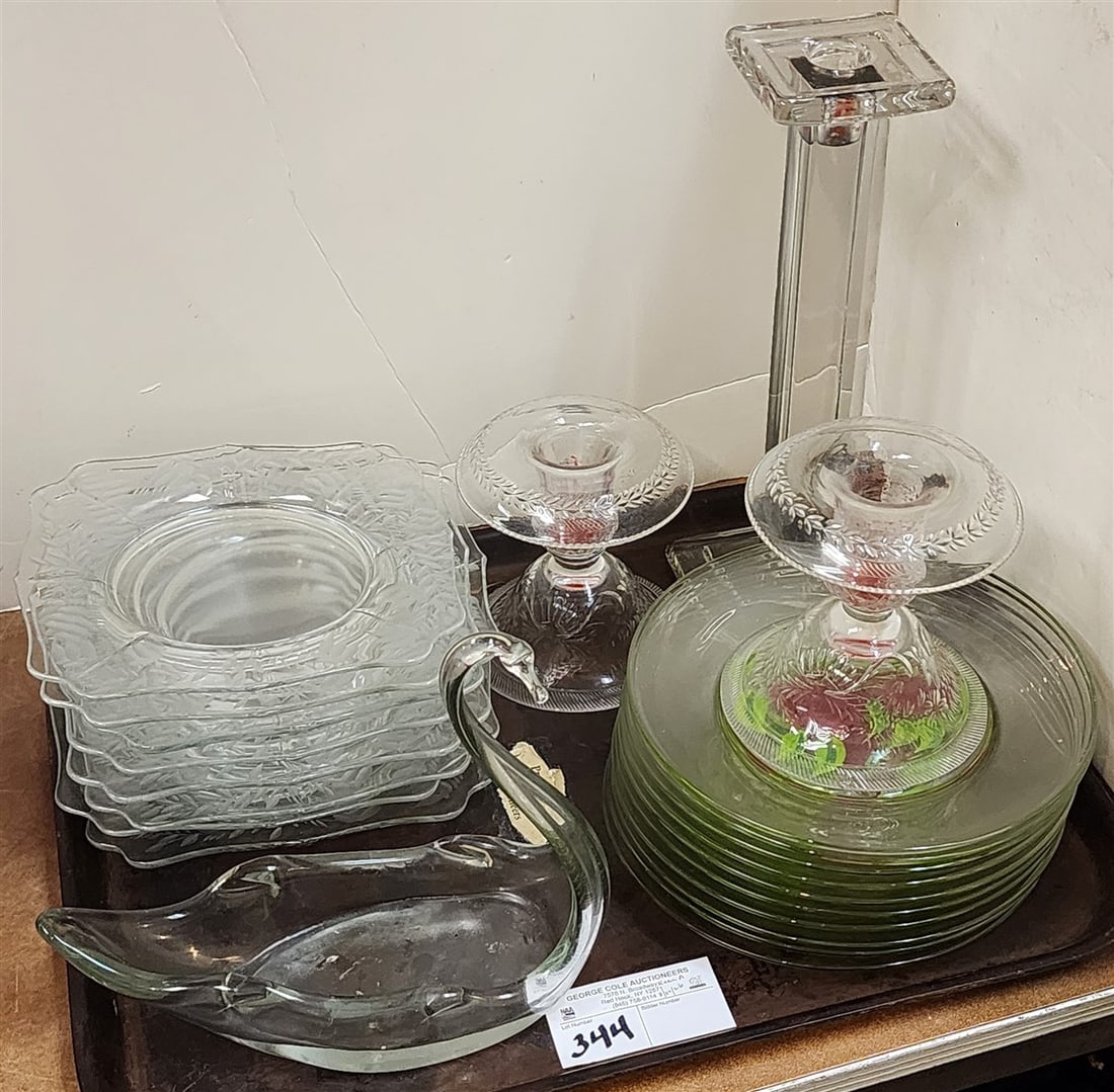 Tray Glassware - 8 Etched Plates 7 1/2" Sq., 10 Hand Enameled Plates 8" Diam., Pr. Cut Candleticks (1 of 2)