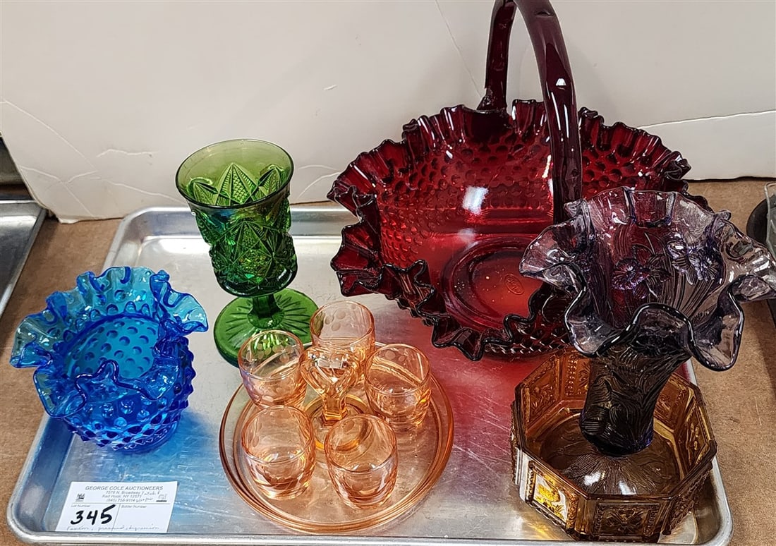 Tray Glass Items - Fenton Ruby Hobnail Basket 10" H X 11" Diam., Pressed Glass Goblet, Fenton Blue (1 of 4)