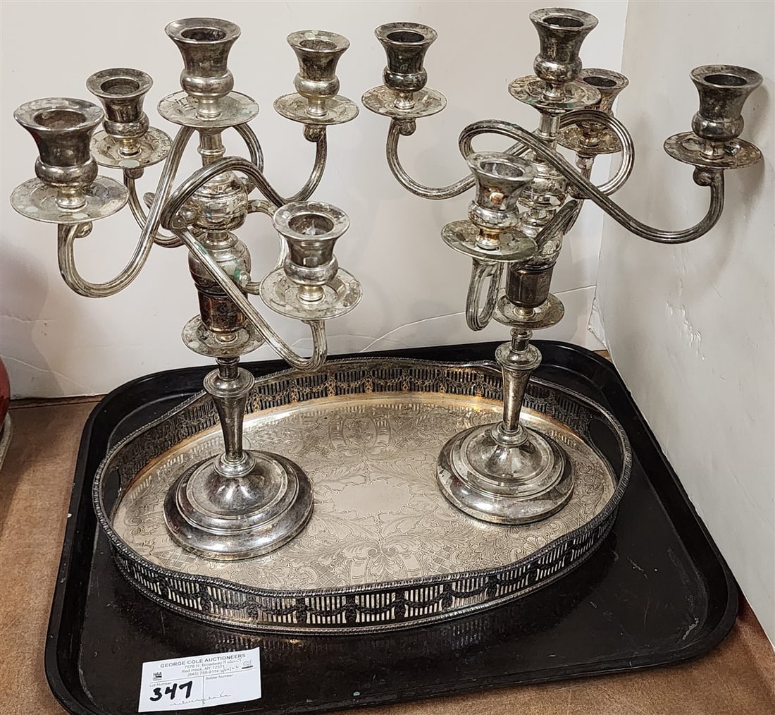 Tray - Pr. Silverplate Candelabras 14" + Serving Tray 2" H X 15 1/2" W X 10" D (1 of 2)