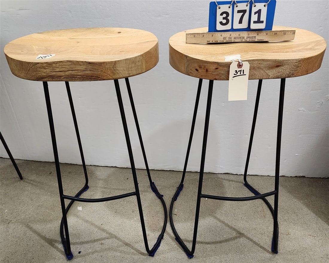 Pr. Industrial Bar Stools w/Solid Wood Seats On A Wrought Iron Base 29 3/4" H X 17" W X 12" D: Pr. Industrial Bar Stools w/Solid Wood Seats On A Wrought Iron Base 29 3/4" H X 17" W X 12" D