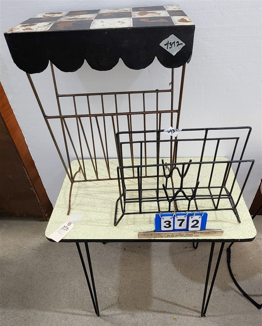 3 Pc. MCM - Formica Top Table w/Hair Pin Wrought Legs 29" H X 31" W X 19" D + Metal & Wrought: 3 Pc. MCM - Formica Top Table w/Hair Pin Wrought Legs 29" H X 31" W X 19" D + Metal & Wrought Magazine Rack Stand 26" H X 18" W X 5 1/2" D + Wrought Magazine Rack 16" H X 18 1/2" W X 5 1/2" D