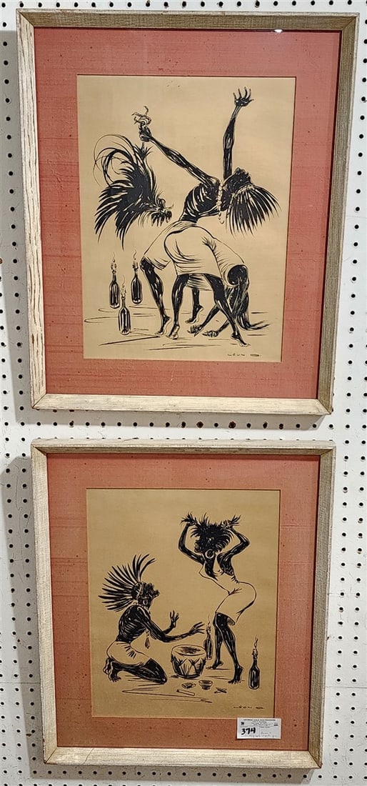 Framed Pr. Original Ink Drawings African Dancers Sgnd Leon D 16" X 11" w/Frame 22" X 18" (1 of 4)