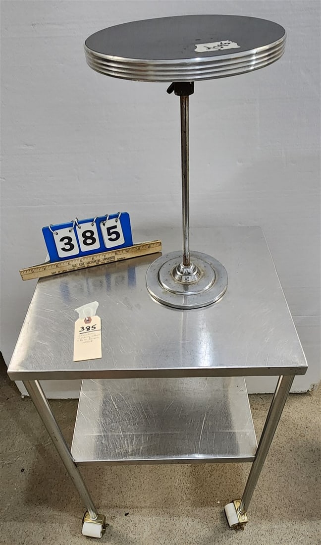 Stainless 2 Tier Rolling Stand 34" H X 20" W X 16" D + Deco Chrome Stand 17 1/2" H X 10 1/4" Diam. (1 of 4)