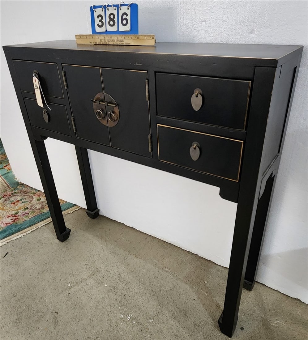 Chinese Black Lacquer 4 Drawer 2 Door Stand 35" H X 36" W X 10" D: Chinese Black Lacquer 4 Drawer 2 Door Stand 35" H X 36" W X 10" D