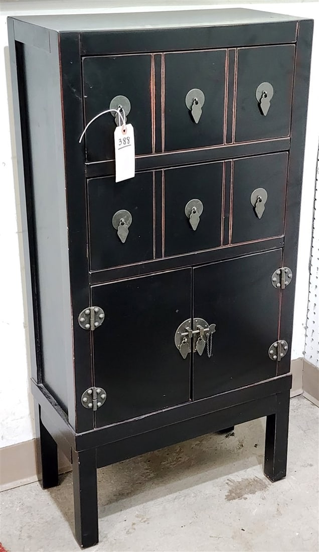 Chinese Black Lacquer 6 Drawer 2 Door Cabinet 40 1/2" H X 20" W X 10" D (1 of 6)