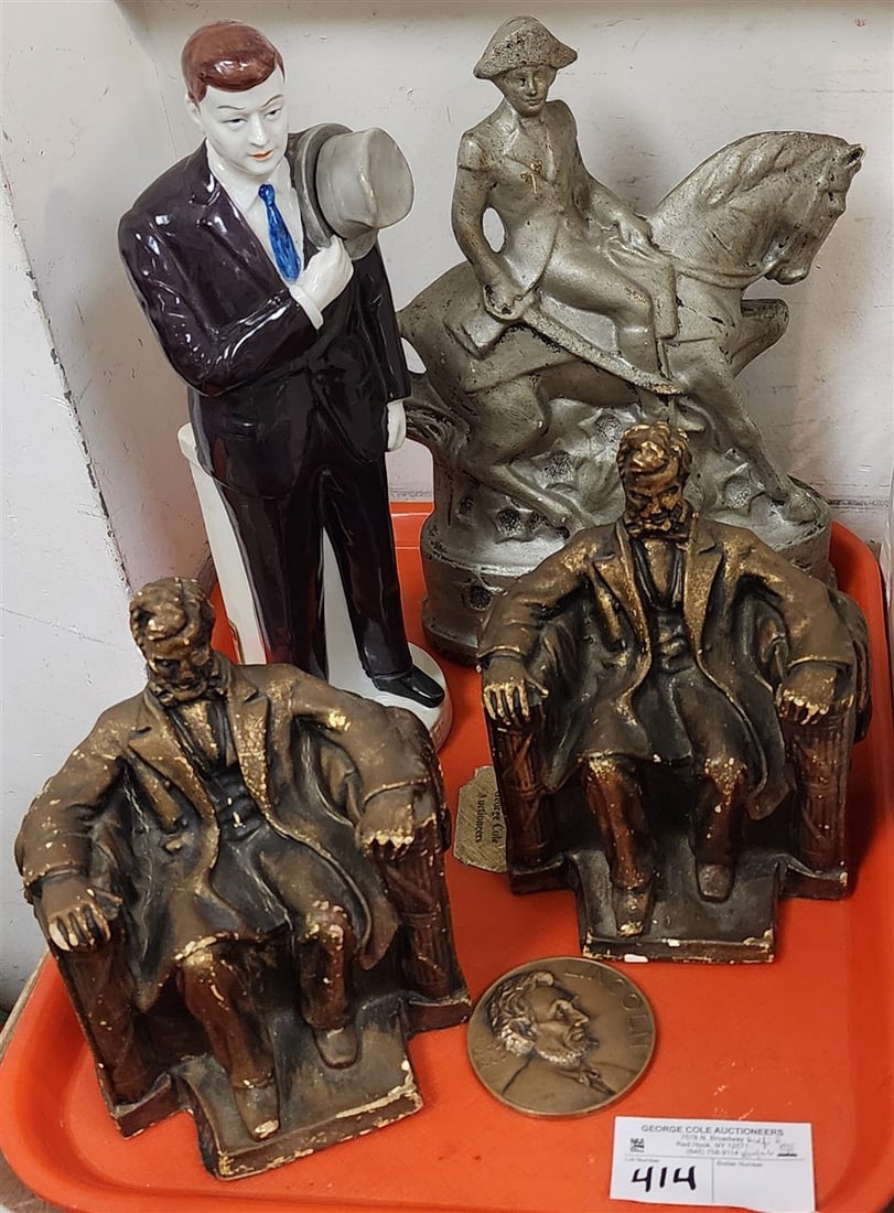 Tray - Pr. Plaster Lincoln Bookends 8" H X 6 1/2" W, Lincoln Bronze Medallion 3" Diam., JF Kennedy (1 of 3)