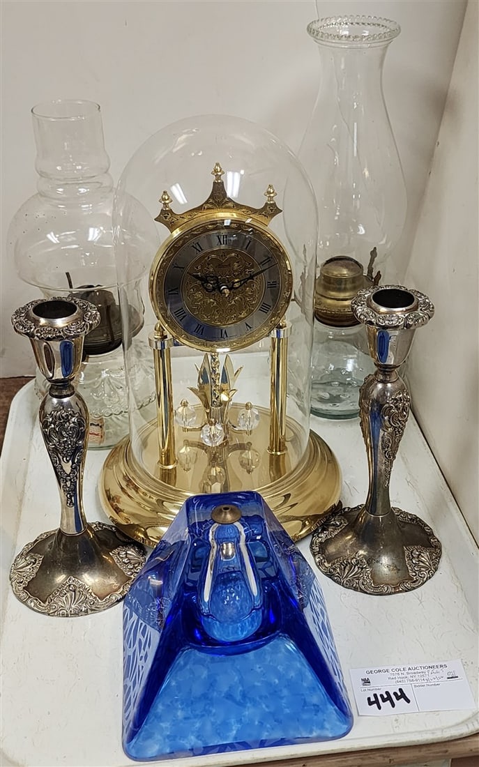Tray - Blue Glass Oil Lamp, 2 Oil Lamps, Pr. Godinger Candlesticks + Hermle Quartz Anniversary Clock (1 of 3)
