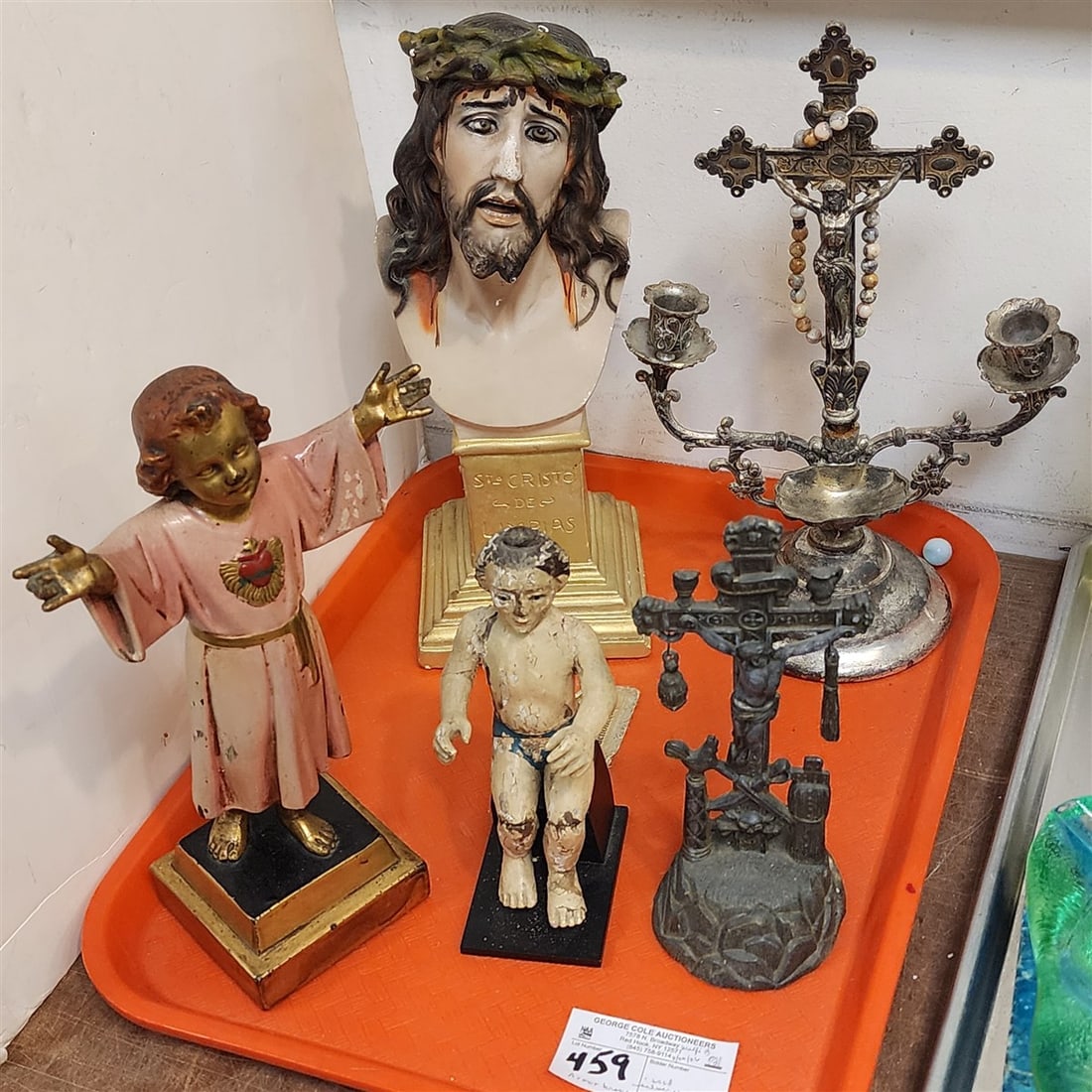 Tray Religious Items - 19th C Carved Wood Seated Figure 7 1/2", Silverplate + White Metal Passion Of: Tray Religious Items - 19th C Carved Wood Seated Figure 7 1/2", Silverplate + White Metal Passion Of Christ Crucifix 13" + 19", Plaster Bust Of Christ 13 1/2" + Armor Bronze Divine Child 11 1/2"
