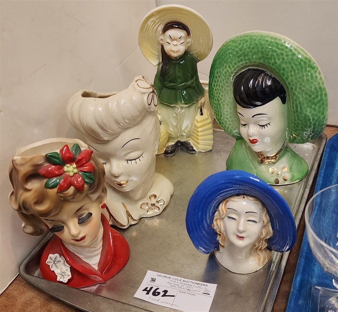 Tray 4 Lady Head Vases - 7", 6 1/2", 6", 4 1/2" + 7 1/2" Royal Capelli Chinaman Vase (1 of 1)