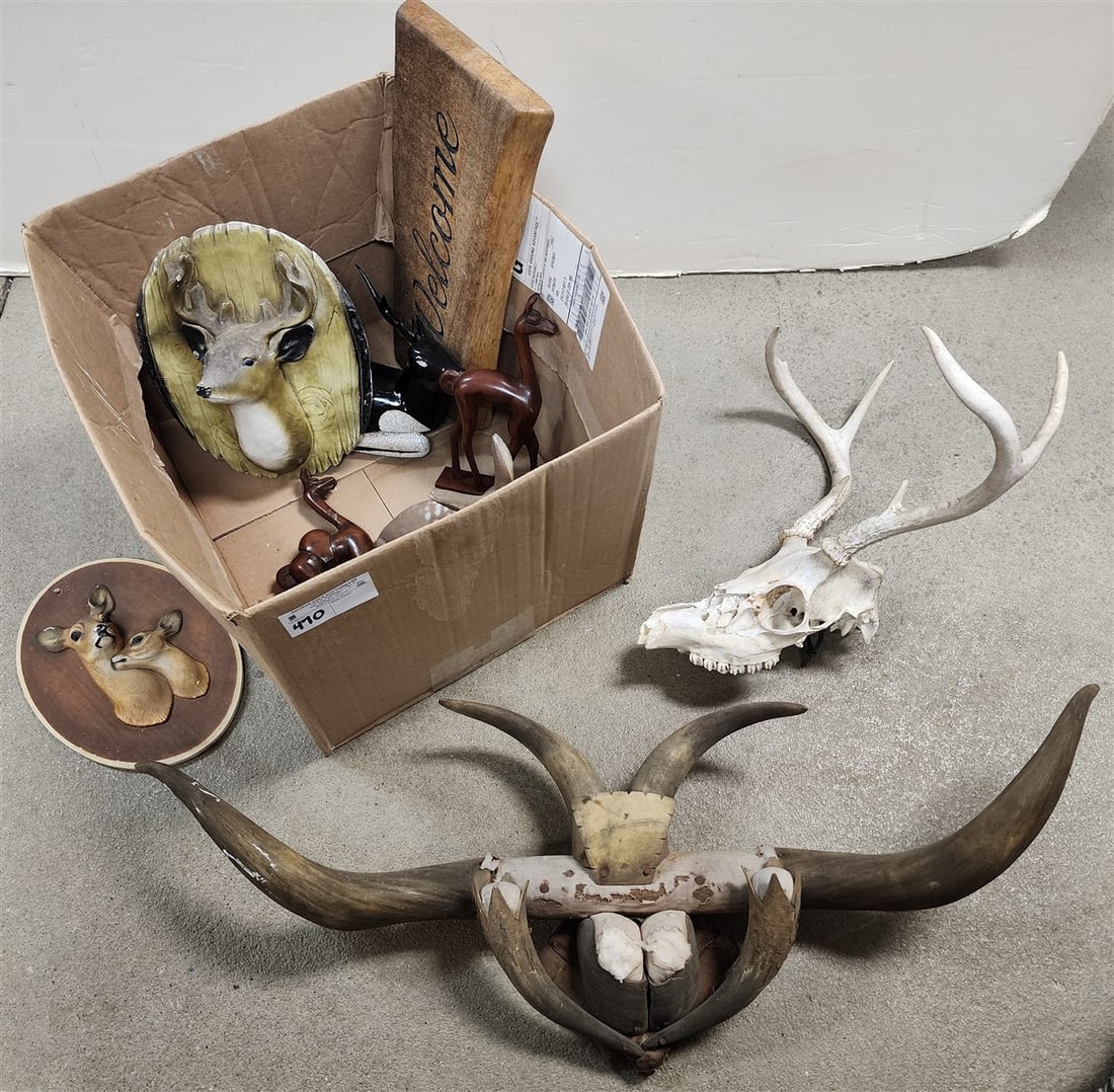 Bx Deer Skull w/Antlers, Cow Horn & Hoof Wall Ornament 12" H X 32" W + Plaster Deer Plaques, Etc. (1 of 3)