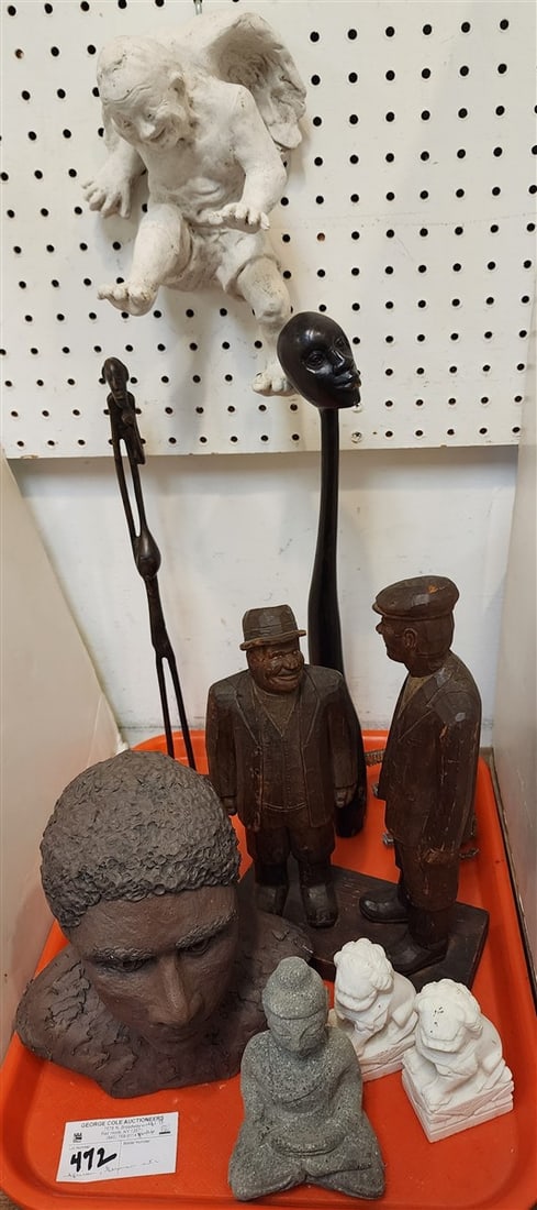 Tray Figures - 2 African, Bronze 16 1/2" H + Carved Wood 17 1/2" H, German Group Of 2 Men 13" H X 7: Tray Figures - 2 African, Bronze 16 1/2" H + Carved Wood 17 1/2" H, German Group Of 2 Men 13" H X 7 1/2" W X 3 1/2" D, Pottery Bust Of A Man Sgnd Fila 9" H, Etc.