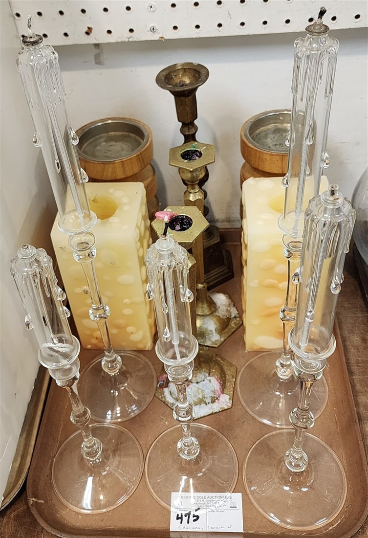 Tray Items - 5 Vintage Murano Glass Oil Lamps- Pr, 17 1/2"., Pr. 13 1/2" + 15", 3 Brass Candlesticks: Tray Items - 5 Vintage Murano Glass Oil Lamps- Pr, 17 1/2"., Pr. 13 1/2" + 15", 3 Brass Candlesticks + 2 Wooden Candlesticks