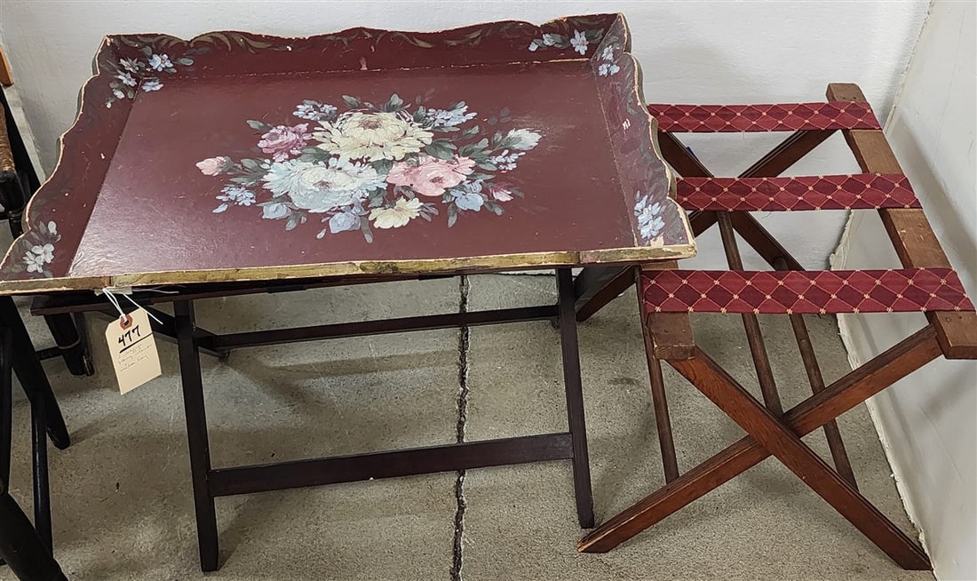 2 Folding Luggage Stands + Ptd. Wooden Tray: 2 Folding Luggage Stands + Ptd. Wooden Tray