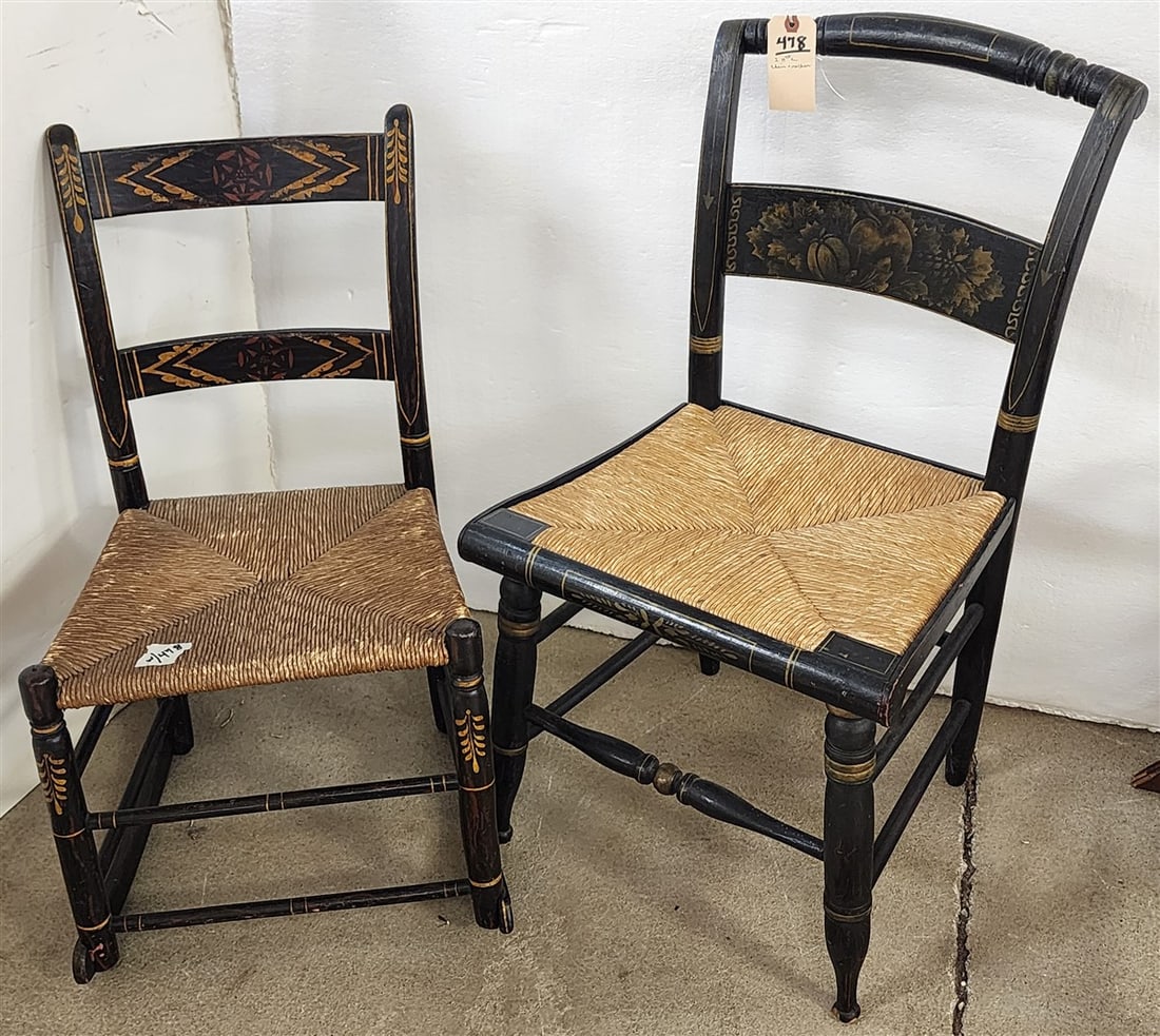 2 19th C Rush Seat Chairs - 32" H X 17 1/2" W X 15" D, Rocker 29 1/2" H X 16 1/2" W X 13 1/2" D: 2 19th C Rush Seat Chairs - 32" H X 17 1/2" W X 15" D, Rocker 29 1/2" H X 16 1/2" W X 13 1/2" D