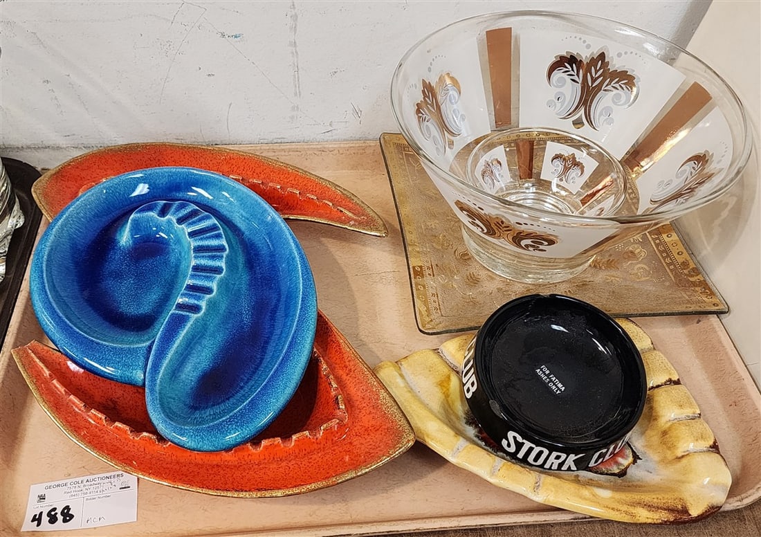 Tray MCM Ceramics - Ashtrays- Royal Haeger 1 1/2" H X 8" W X 10 1/2" D, 2" H X 7" W X 9" D, Georges: Tray MCM Ceramics - Ashtrays- Royal Haeger 1 1/2" H X 8" W X 10 1/2" D, 2" H X 7" W X 9" D, Georges Briard 1 1/2" H X 9 1/2" Sq. + 2 Bowls