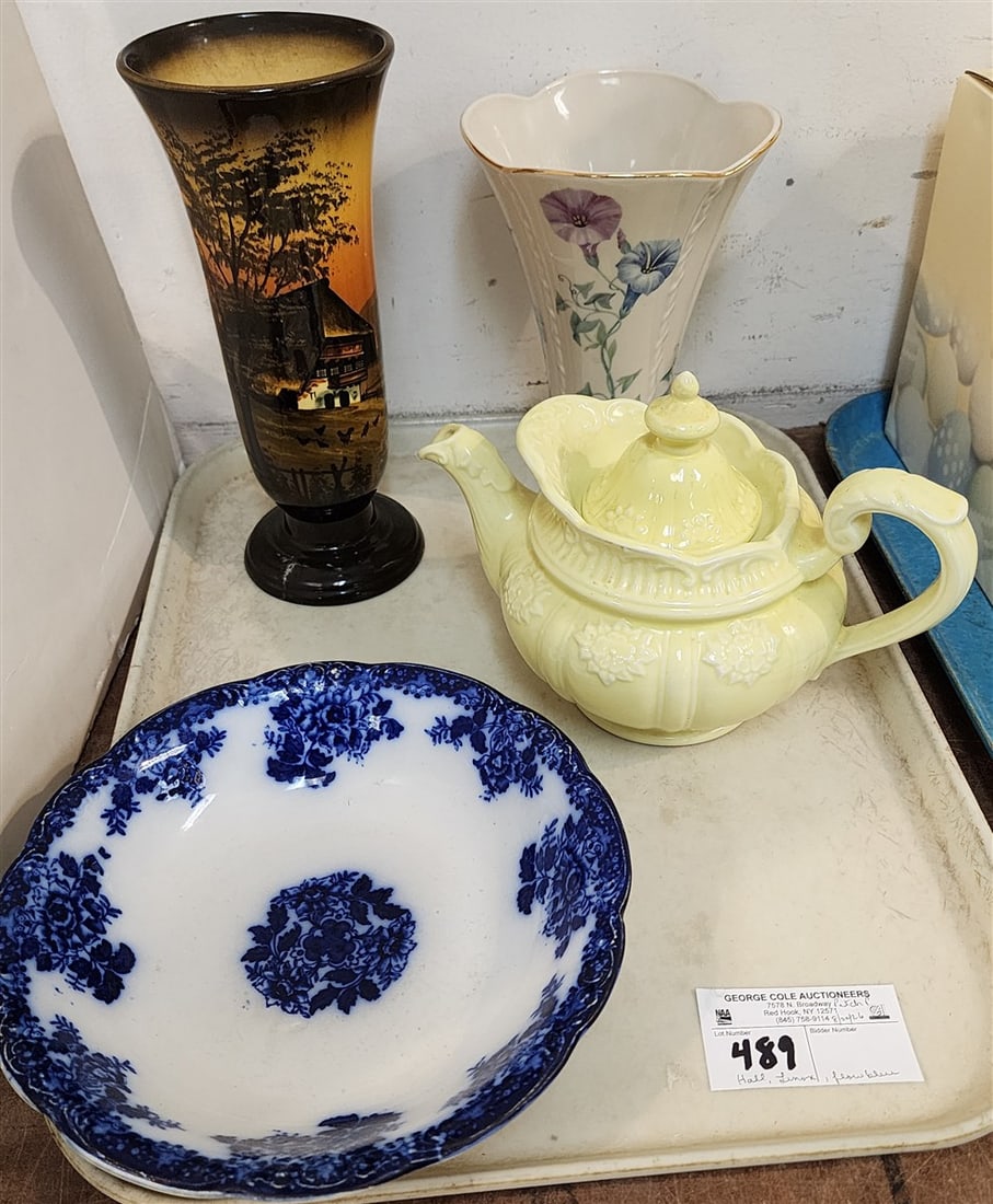 Tray Items - Hall Tea Pot, Lenox Vase 8 1/2", German Hand Ptd. Vase 10" + Flow Blue Bowl: Tray Items - Hall Tea Pot, Lenox Vase 8 1/2", German Hand Ptd. Vase 10" + Flow Blue Bowl