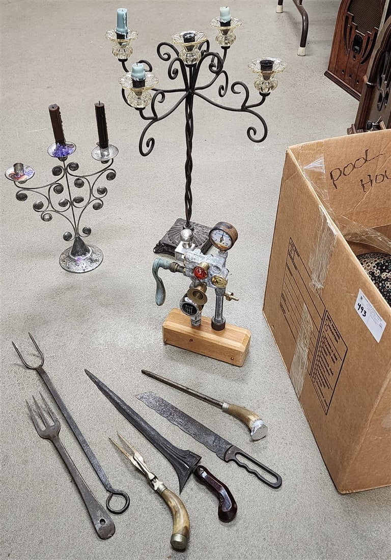 Bx - 2 Candelabras Wrought & Glass 23" H X 18" W + Embossed Tin 14" H X 11" W, Pr. Brass Elec. Lamps: Bx - 2 Candelabras Wrought & Glass 23" H X 18" W + Embossed Tin 14" H X 11" W, Pr. Brass Elec. Lamps 13" H, 2 Brass Covered Urns 18 1/2" + 9", Etc.