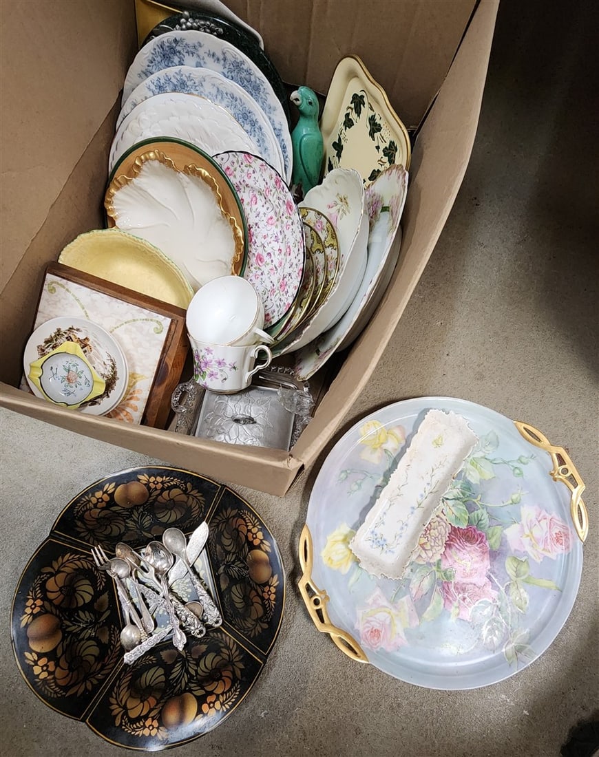 Bx - Assorted Dishes, Hand Enameled Serving Tray 1" H X 15" Diam., Silverplate Flatware, Hand (1 of 3)