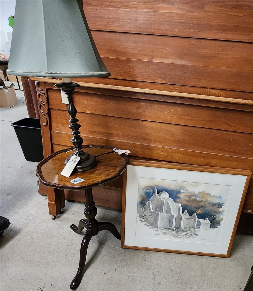 QA Style Stand 23" H X 16" Diam. + Metal Table Lamp 26" H + W/C Sgnd (1 of 4)