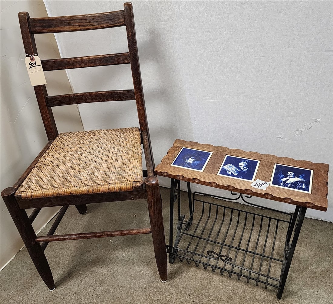 19th C Cane Seat Ladderback Chair + Wrought Base Magazine Stand w/Wooden Top w/Delft Tiles (1 of 3)
