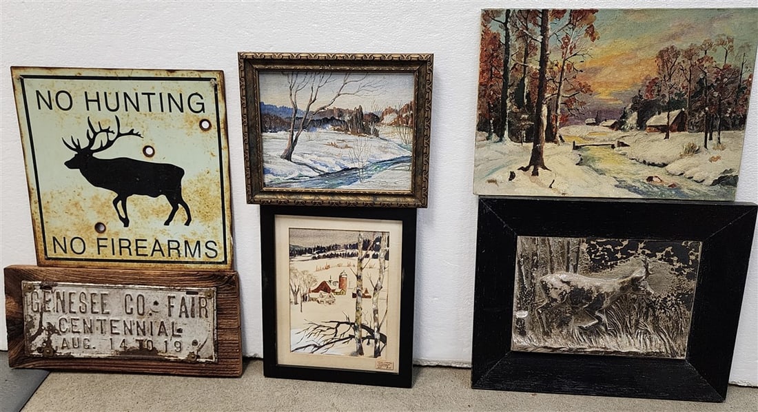 Bx 4 Framed Items - High Relief Silverplate Plaque Of Deer 12" X 14 1/2", (2)O/C Winterscape 8 1/2": Bx 4 Framed Items - High Relief Silverplate Plaque Of Deer 12" X 14 1/2", (2)O/C Winterscape 8 1/2" X 10 1/2", 10" X 14", W/C Winterscape 11" X 9" + Tin "No Hunting No Fire Arms' Sign 12" Sq. + Metal 