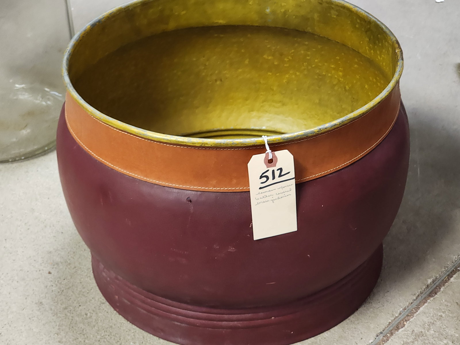 Leather Covered Brass Jardenier From Neiman Marcus 12" H X 16" Diam. (1 of 1)