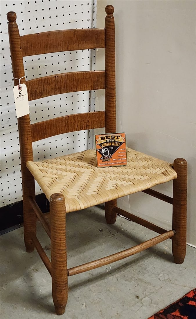 19th C Tiger Maple Ladderback Hickory Splint Seat Child's Chair 30 1/2" H X 18" W X 13" D: 19th C Tiger Maple Ladderback Hickory Splint Seat Child's Chair 30 1/2" H X 18" W X 13" D
