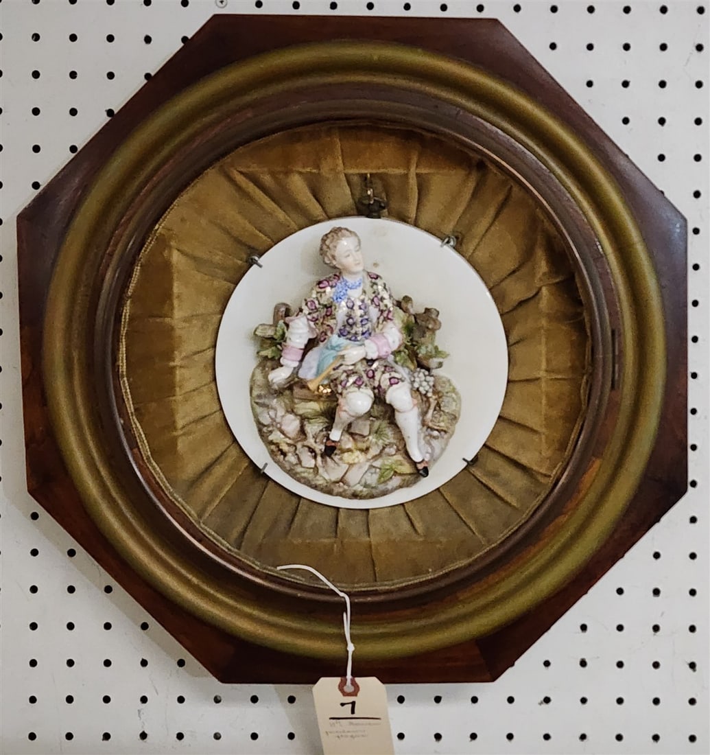 19th C German Porcelain High Relief Plaque 7 1/2" Diam. Mounted In Octagonal Shadowbox Frame 17" X: 19th C German Porcelain High Relief Plaque 7 1/2" Diam. Mounted In Octagonal Shadowbox Frame 17" X 17"