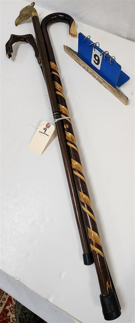 Lot 3 Canes - 1 Real Goose Foot Handle Cane, 1 Brass Eagle Head + Other: Lot 3 Canes - 1 Real Goose Foot Handle Cane, 1 Brass Eagle Head + Other