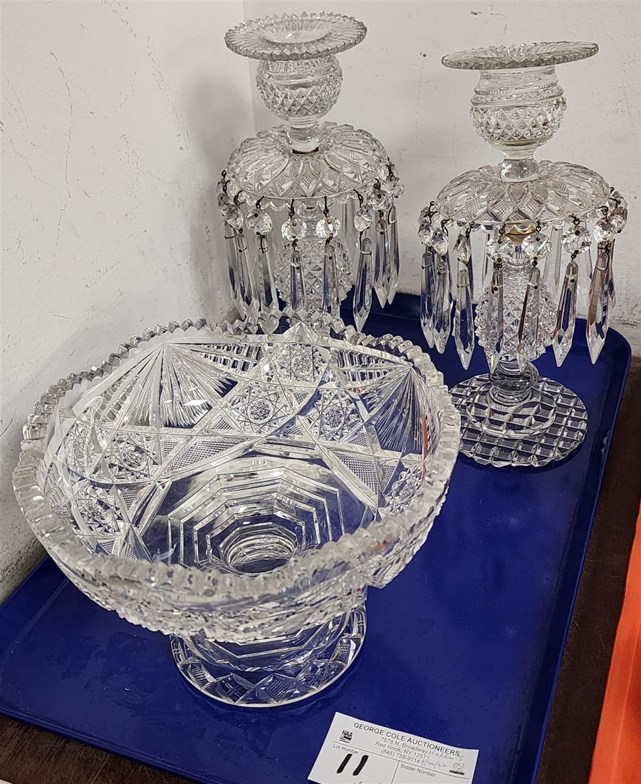 Tray 3 Pcs. Cut Glass - Pr. Candlesticks 10" H + Compote 5 1/2" H X 8" Diam.: Tray 3 Pcs. Cut Glass - Pr. Candlesticks 10" H + Compote 5 1/2" H X 8" Diam.