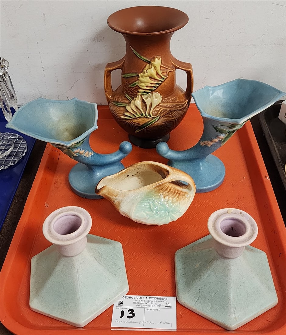 Tray 3 Pcs. Roseville - Freesia Vase 122-8", Pr. Bleeding Heart Cornucopia Vases 141-6" + Pr. Weller: Tray 3 Pcs. Roseville - Freesia Vase 122-8", Pr. Bleeding Heart Cornucopia Vases 141-6" + Pr. Weller Candlesticks 4" H + McCoy Creamer