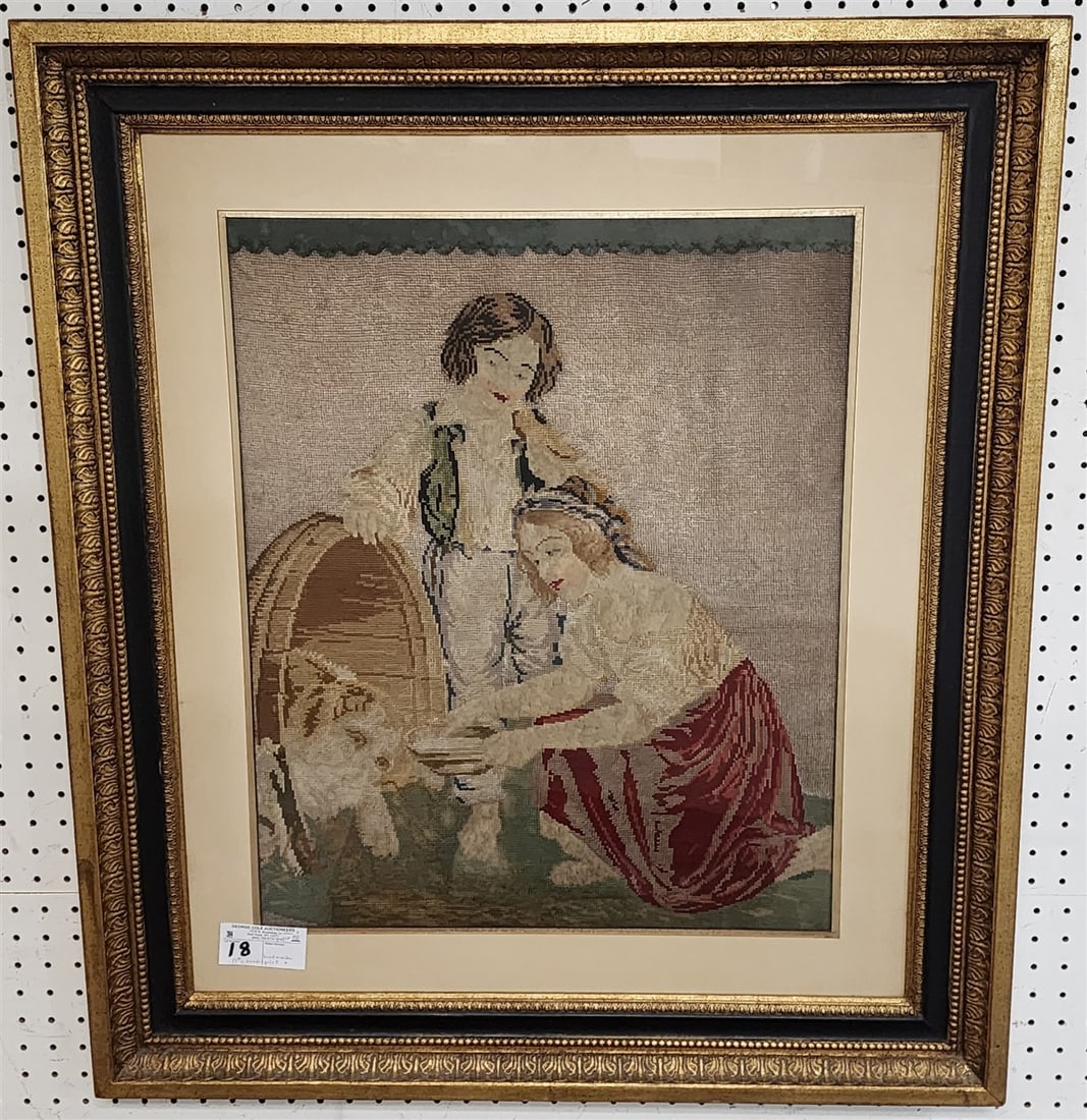 Framed 19th C Needlepoint & Beadwork 23" X 18 1/2" w/Frame 34" X 30": Framed 19th C Needlepoint & Beadwork 23" X 18 1/2" w/Frame 34" X 30"