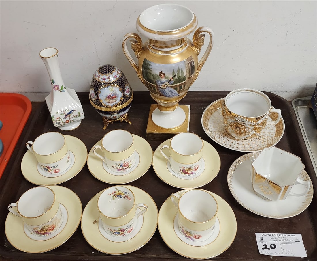 Tray Porcelain - 19th C Old Paris Urn 10" H, Set 6 Hammersley Cups/Saucers, Aynsley Vase, Etc.: Tray Porcelain - 19th C Old Paris Urn 10" H, Set 6 Hammersley Cups/Saucers, Aynsley Vase, Etc.
