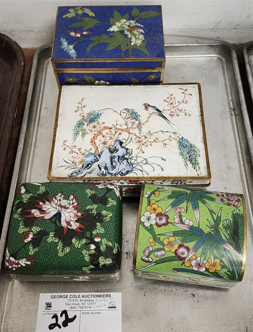Tray 4 Cloisonne Boxes - 3" H X 4 1/2" W X 3 1/4", 1 3/4" H X 6" W X 4 1/2" D, 2 1/2" H X 3 1/2" W X: Tray 4 Cloisonne Boxes - 3" H X 4 1/2" W X 3 1/4", 1 3/4" H X 6" W X 4 1/2" D, 2 1/2" H X 3 1/2" W X 3" + 2" H X 3 3/4" W X 3 1/4" D