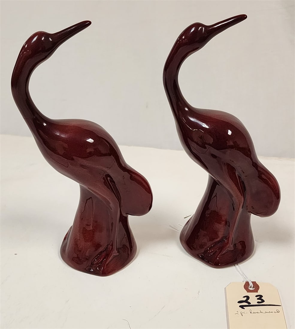 2 Rookwood Red Glazed Cranes 9 1/2" H (1 Has Had A Neck Repair): 2 Rookwood Red Glazed Cranes 9 1/2" H (1 Has Had A Neck Repair)