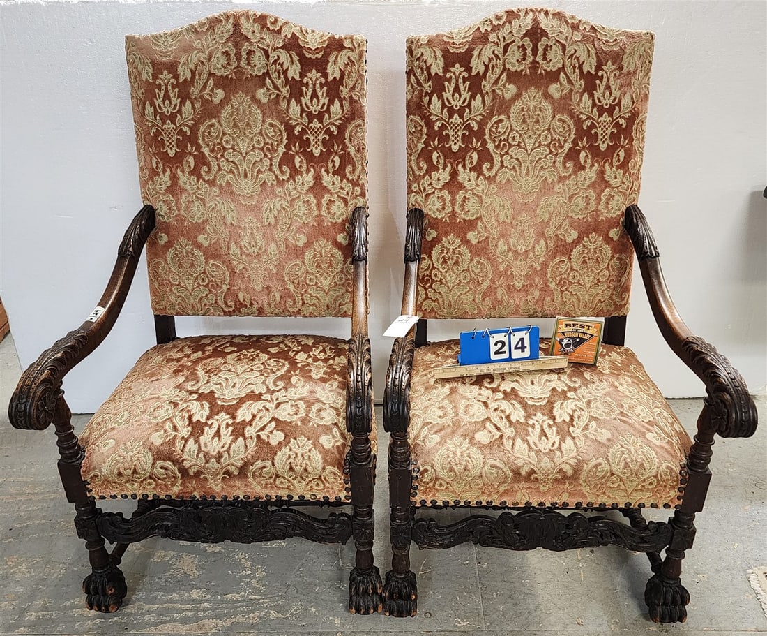 Pr. 1890's Carved Walnut Frame Upholstered Armchairs 47 1/2" H X 26" W X 20 1/2" D (1 of 7)