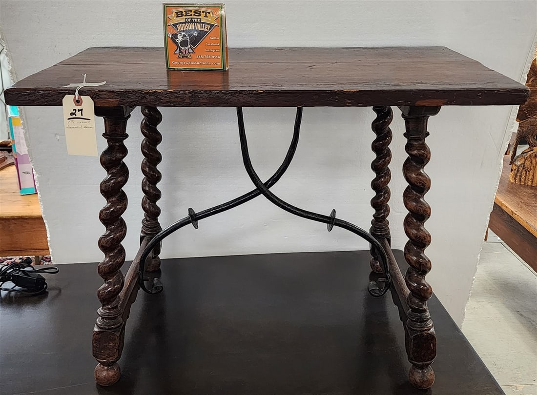 19th C Spanish/Italian Walnut Side Table w/Wrought Supports 22 1/2" H X 31 1/4" W X 19 1/2" D: 19th C Spanish/Italian Walnut Side Table w/Wrought Supports 22 1/2" H X 31 1/4" W X 19 1/2" D