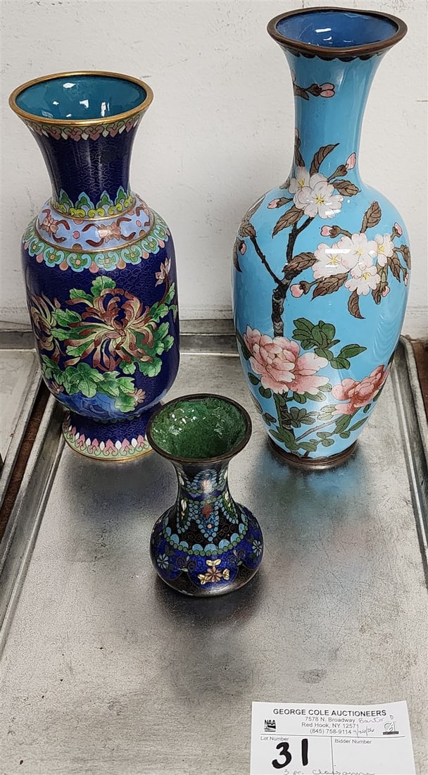 Tray 3 Cloisonne Vases - 10", 8 1/2" + 4 1/2" (1 of 1)