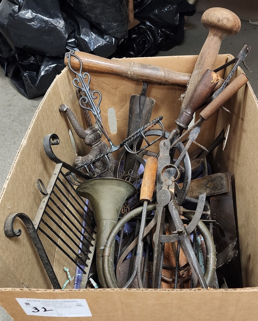 Box Lot Of Vintage Metal Items Incl. Branding iron, Trivets, Boot Jack, Wheelwright Traveler, Bail (1 of 3)