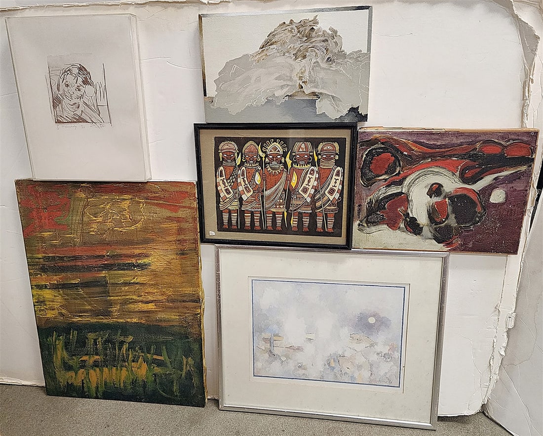 Box Lot 6 Pcs. Artwork - O/C Abstract, W/C Abstract Sgnd Knotts, W/C Sgnd Riva Boren Paris 1961, O/C (1 of 2)