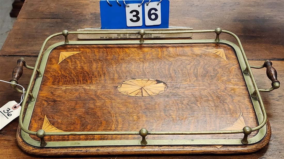 Oak & Brass Serving Tray 3" H X 22 1/2" W X 14 1/2" D: Oak & Brass Serving Tray 3" H X 22 1/2" W X 14 1/2" D