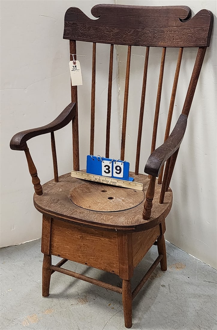 19th C Oak Potty Chair 41" H X 21 1/2" W X 17" D w/Chamber Pot: 19th C Oak Potty Chair 41" H X 21 1/2" W X 17" D w/Chamber Pot