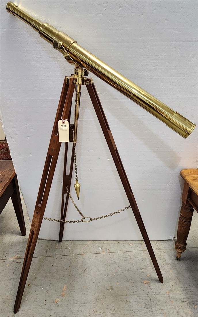 Brass Telescope On Stand 61 1/2" H X 37" L: Brass Telescope On Stand 61 1/2" H X 37" L