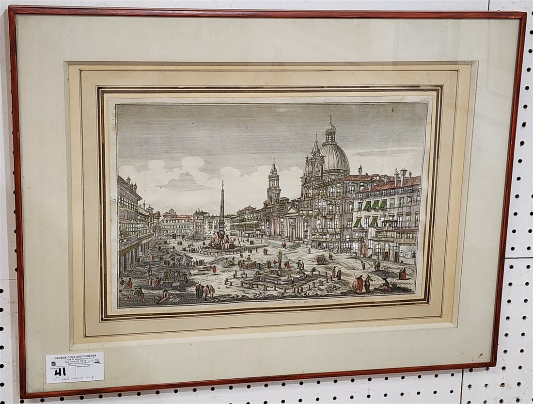 Framed 18th C Hand Colored Engraving Piazza Navona In Rome 11" X 17" w/Frame 19 1/2" X 26" (Windows: Framed 18th C Hand Colored Engraving Piazza Navona In Rome 11" X 17" w/Frame 19 1/2" X 26" (Windows Were Carved Out And Replaced With Reflective Paper) Really Neat!