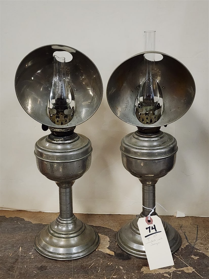 Pr. 19th C Nickel Plated Oil Lamps w/Reflecting Hoods 15 1/2" H: Pr. 19th C Nickel Plated Oil Lamps w/Reflecting Hoods 15 1/2" H