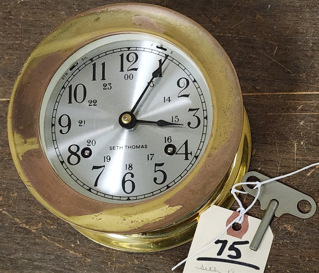 Set Thomas Brass Ships Clock 5 3/4" Diam. (Working) (1 of 2)