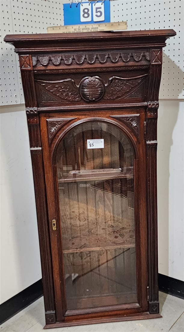 C1890 Mahogany Carved 1 Door Wall Cabinet 53" H X 25 1/4" W X 12 1/2" D: C1890 Mahogany Carved 1 Door Wall Cabinet 53" H X 25 1/4" W X 12 1/2" D