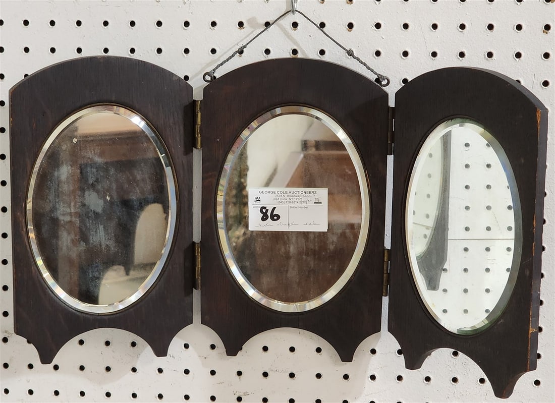 Arts & Crafts Oak Tryptic Folding Bevelled Mirror w/Brass Strap Work 11 1/2" H X 6 1/2" Ea. Section: Arts & Crafts Oak Tryptic Folding Bevelled Mirror w/Brass Strap Work 11 1/2" H X 6 1/2" Ea. Section
