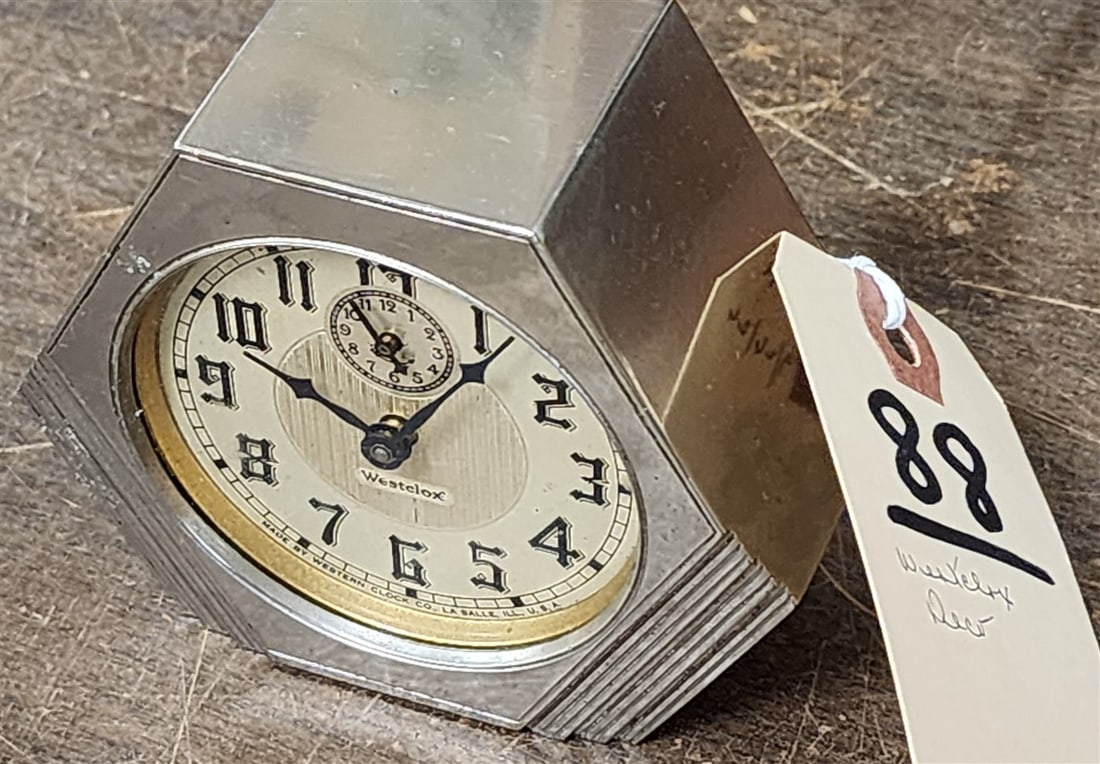 Westclox Deco Nickel Dresser Clock 3 1/4" H X 3 3/4" W X 1 1/2" D (Working): Westclox Deco Nickel Dresser Clock 3 1/4" H X 3 3/4" W X 1 1/2" D (Working)